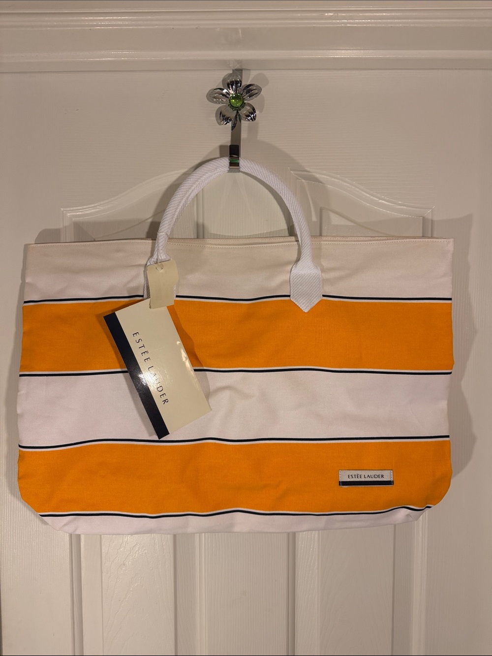 Estee Lauder Orange and White Striped Canvas Tote